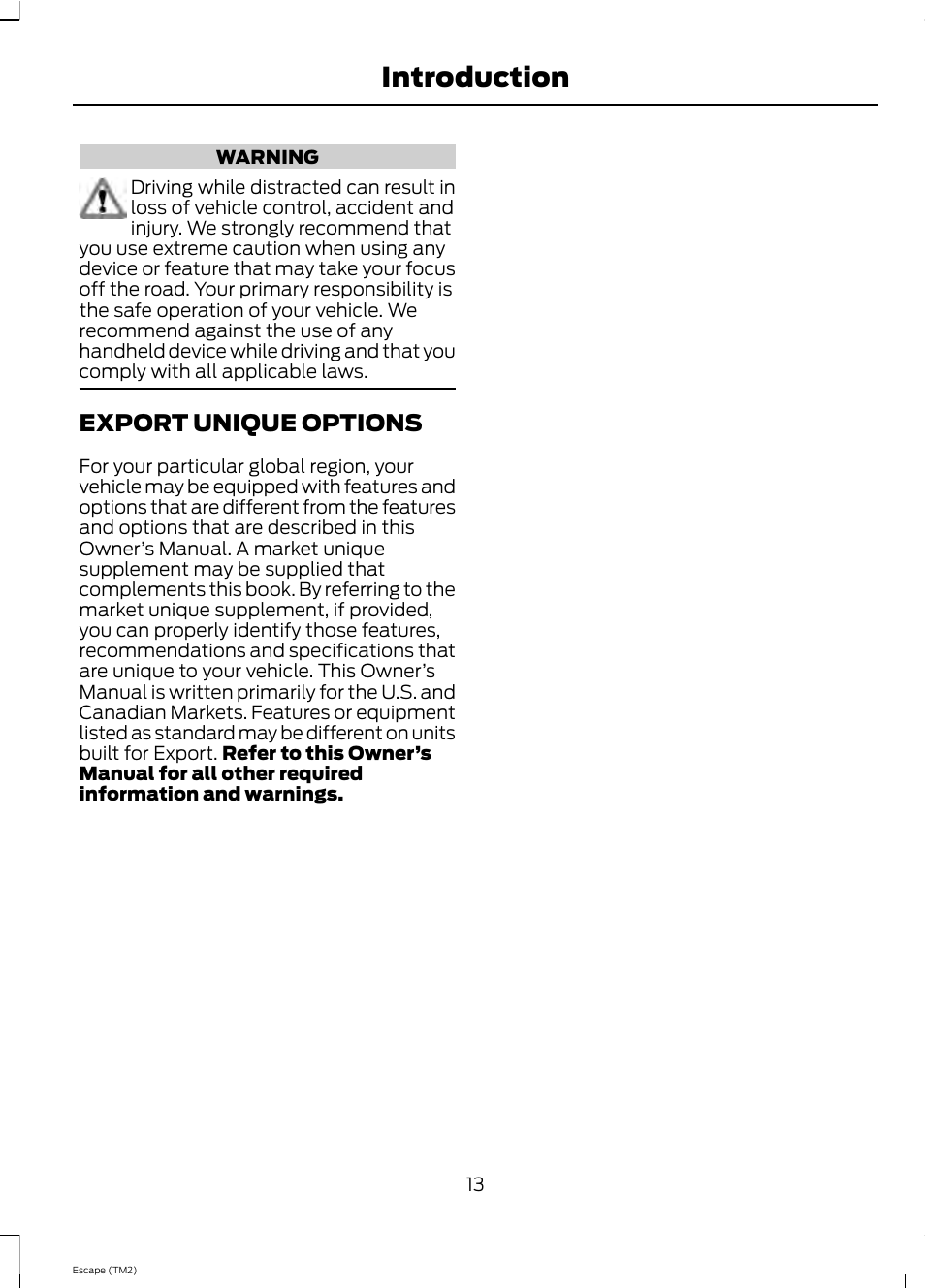 Introduction, Export unique options | FORD 2013 Escape v.4 User Manual | Page 17 / 433