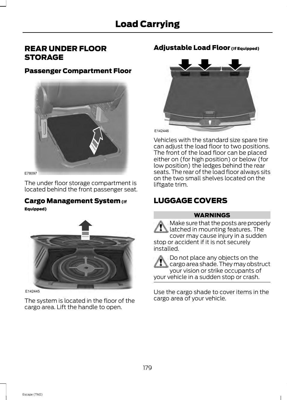 Load carrying, Rear under floor storage, Luggage covers | FORD 2013 Escape v.4 User Manual | Page 183 / 433