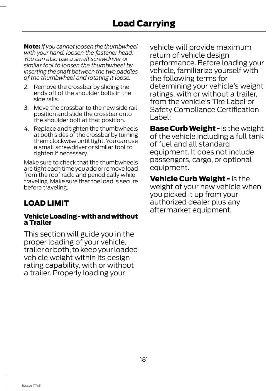 Load carrying, Load limit | FORD 2013 Escape v.4 User Manual | Page 185 / 433