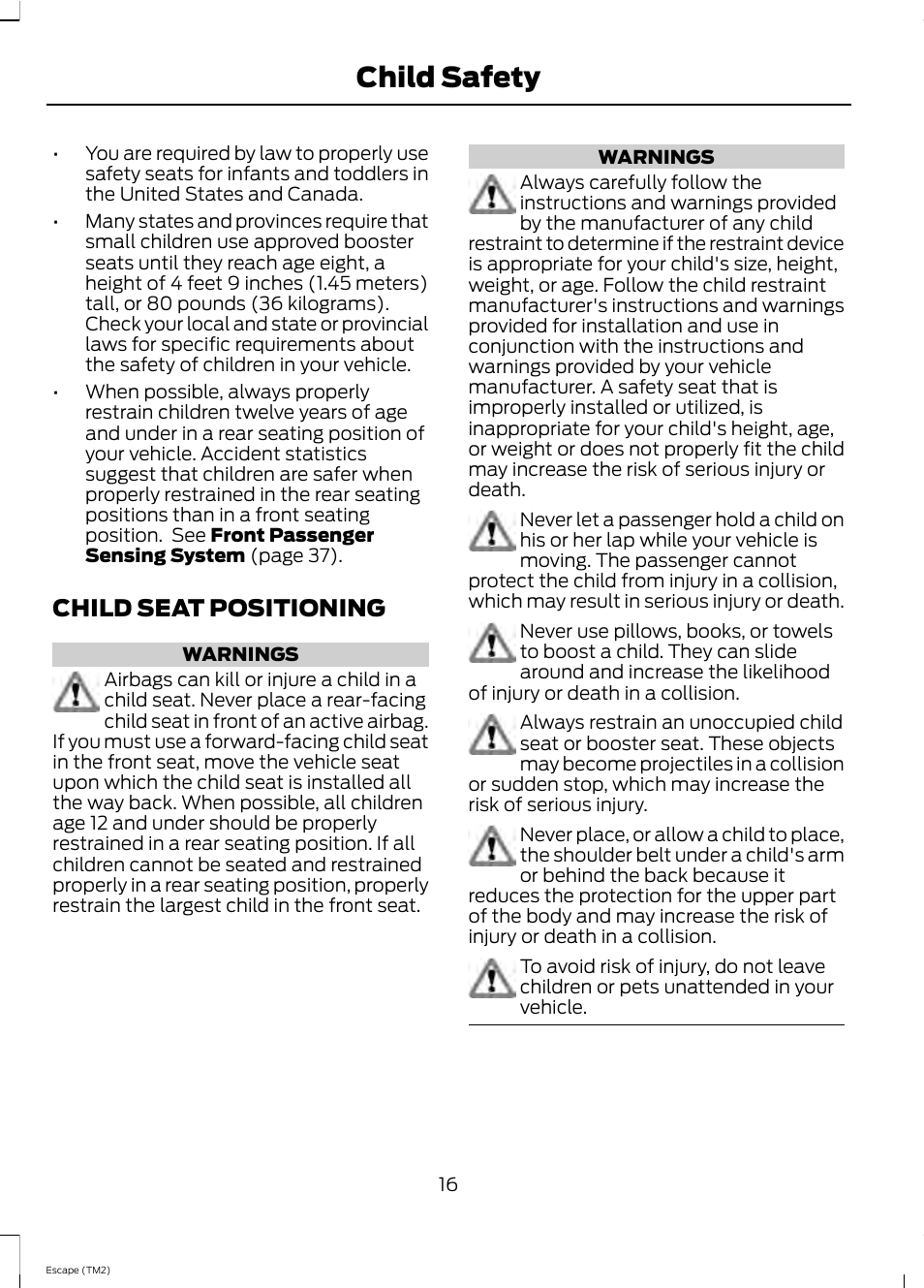 Child safety, Child seat positioning | FORD 2013 Escape v.4 User Manual | Page 20 / 433