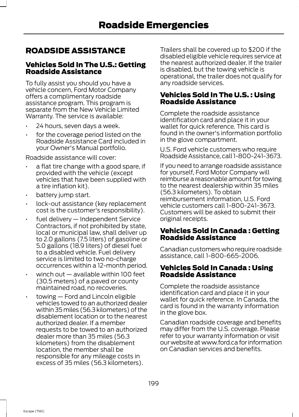 Roadside emergencies, Roadside assistance | FORD 2013 Escape v.4 User Manual | Page 203 / 433
