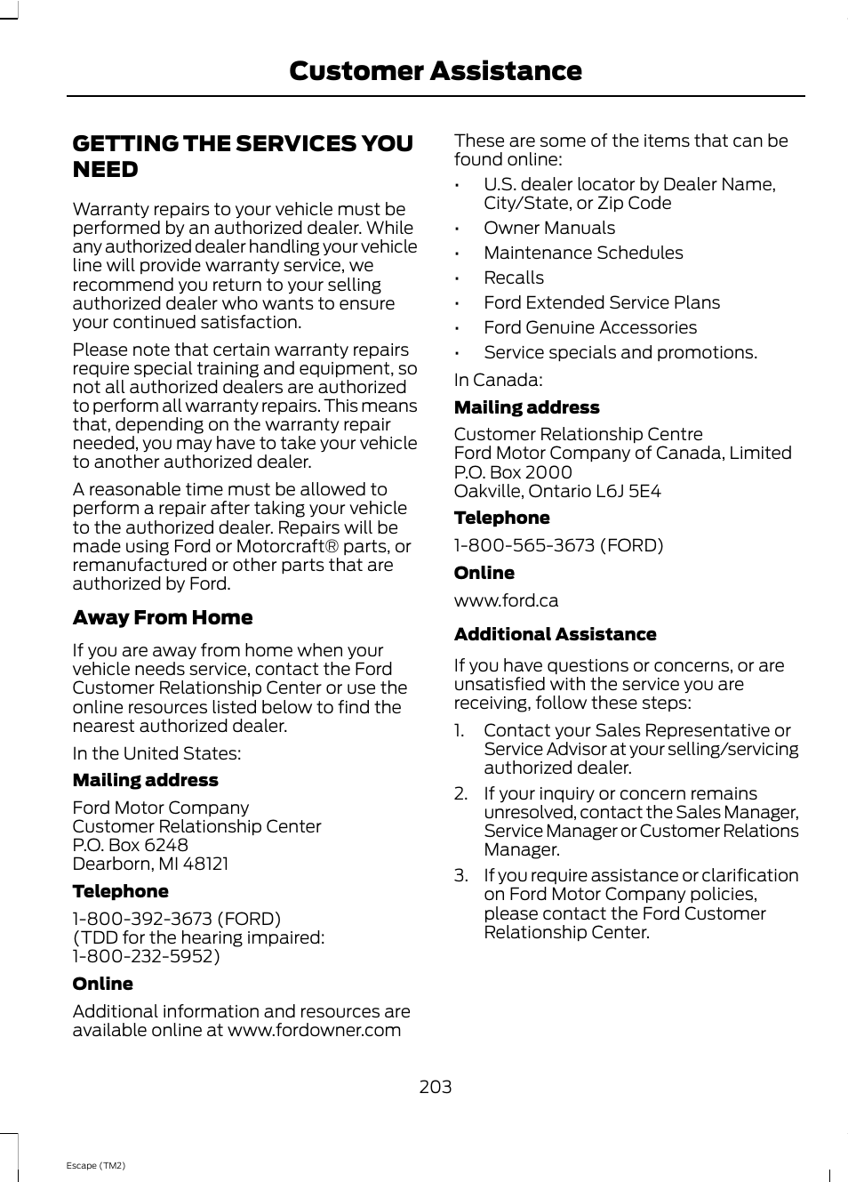 Customer assistance, Getting the services you need | FORD 2013 Escape v.4 User Manual | Page 207 / 433
