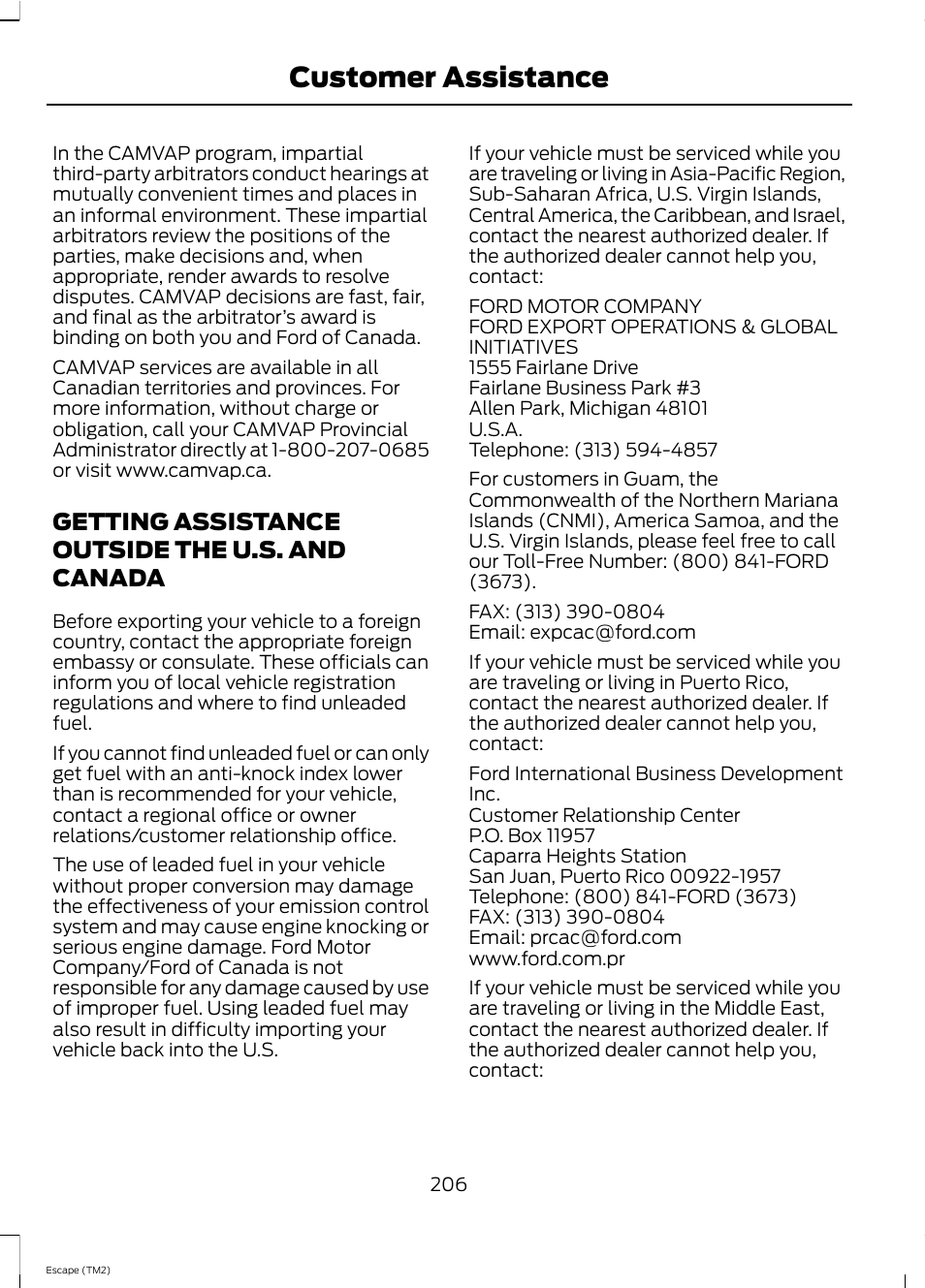 Customer assistance, Getting assistance outside the u.s. and canada | FORD 2013 Escape v.4 User Manual | Page 210 / 433