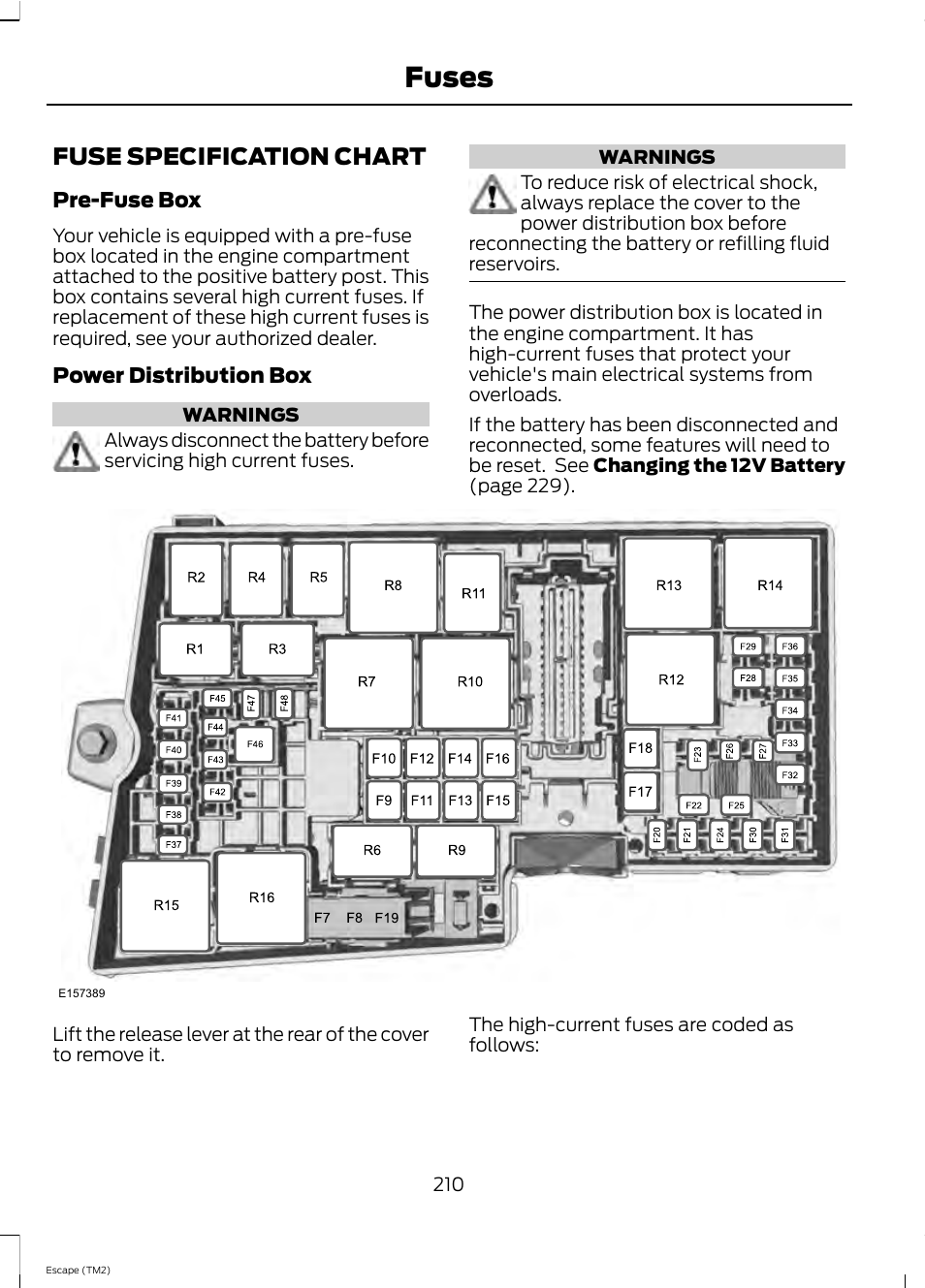 Fuses, Fuse specification chart | FORD 2013 Escape v.4 User Manual | Page 214 / 433