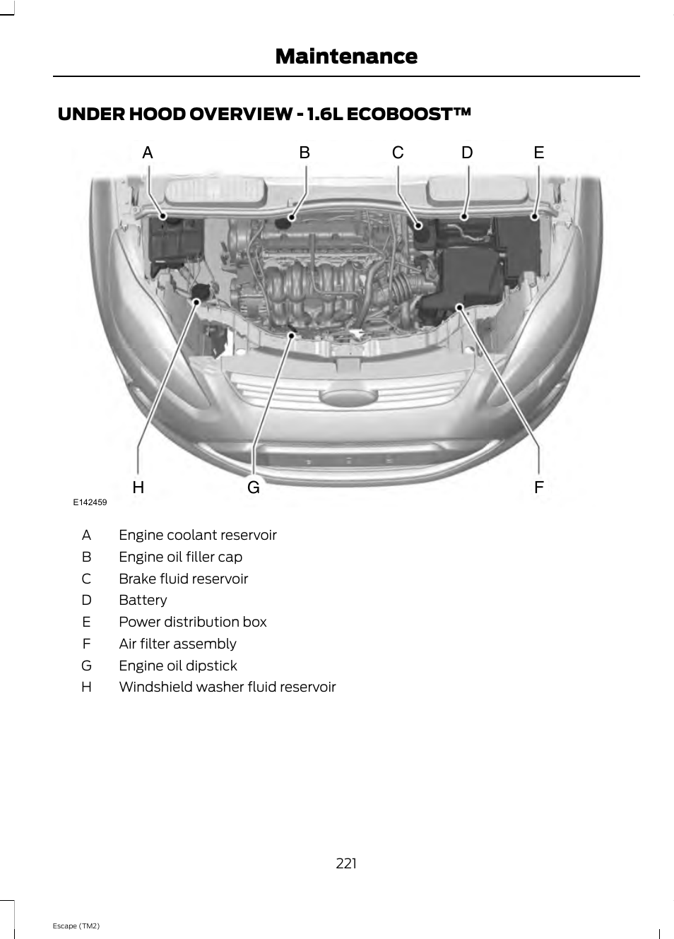 Maintenance, Under hood overview - 1.6l ecoboost | FORD 2013 Escape v.4 User Manual | Page 225 / 433