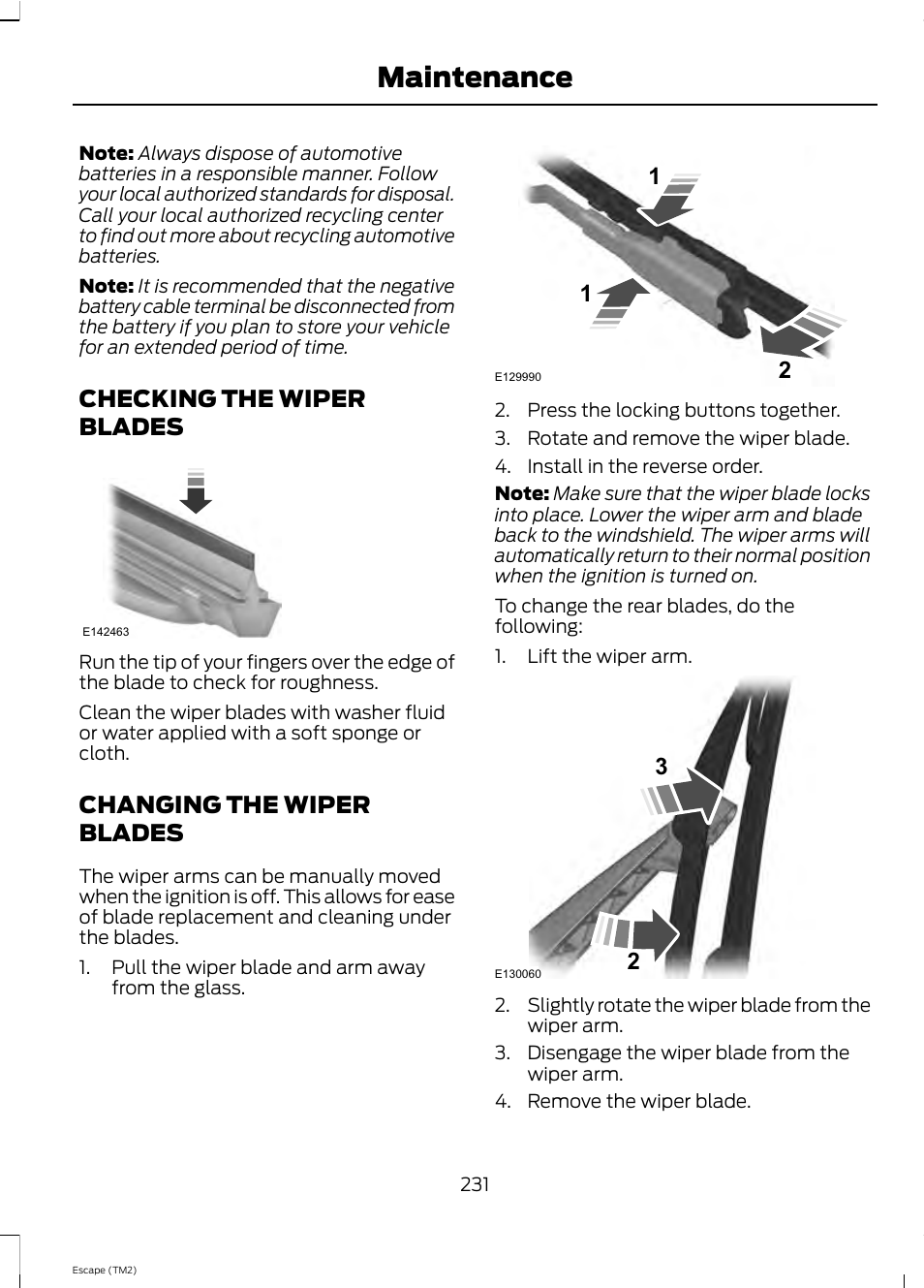 Maintenance, Checking the wiper blades, Changing the wiper blades | FORD 2013 Escape v.4 User Manual | Page 235 / 433