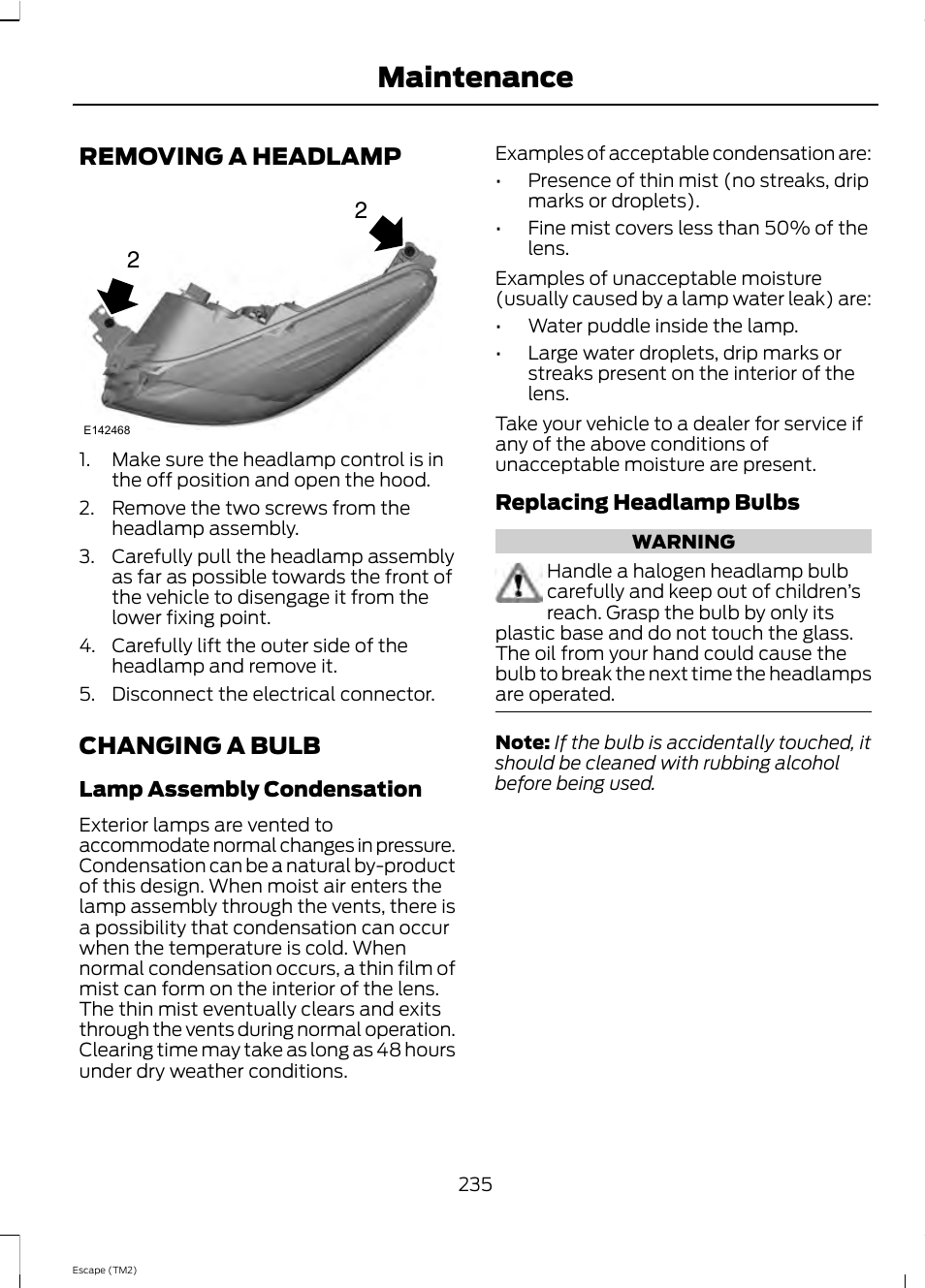 Maintenance, Removing a headlamp 2 2, Changing a bulb | FORD 2013 Escape v.4 User Manual | Page 239 / 433