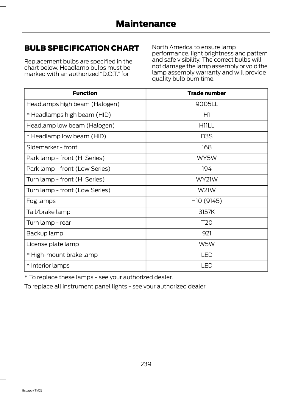 Maintenance, Bulb specification chart | FORD 2013 Escape v.4 User Manual | Page 243 / 433
