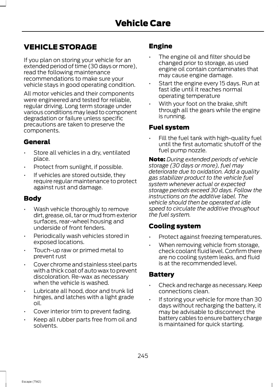 Vehicle care, Vehicle storage | FORD 2013 Escape v.4 User Manual | Page 249 / 433