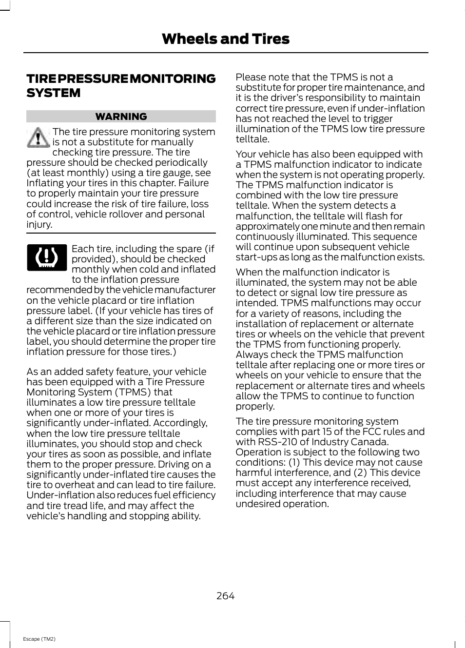 Wheels and tires, Tire pressure monitoring system | FORD 2013 Escape v.4 User Manual | Page 268 / 433