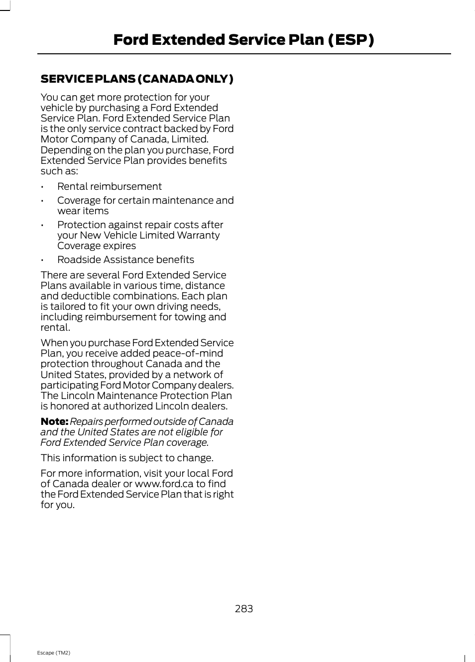 Ford extended service plan (esp) | FORD 2013 Escape v.4 User Manual | Page 287 / 433