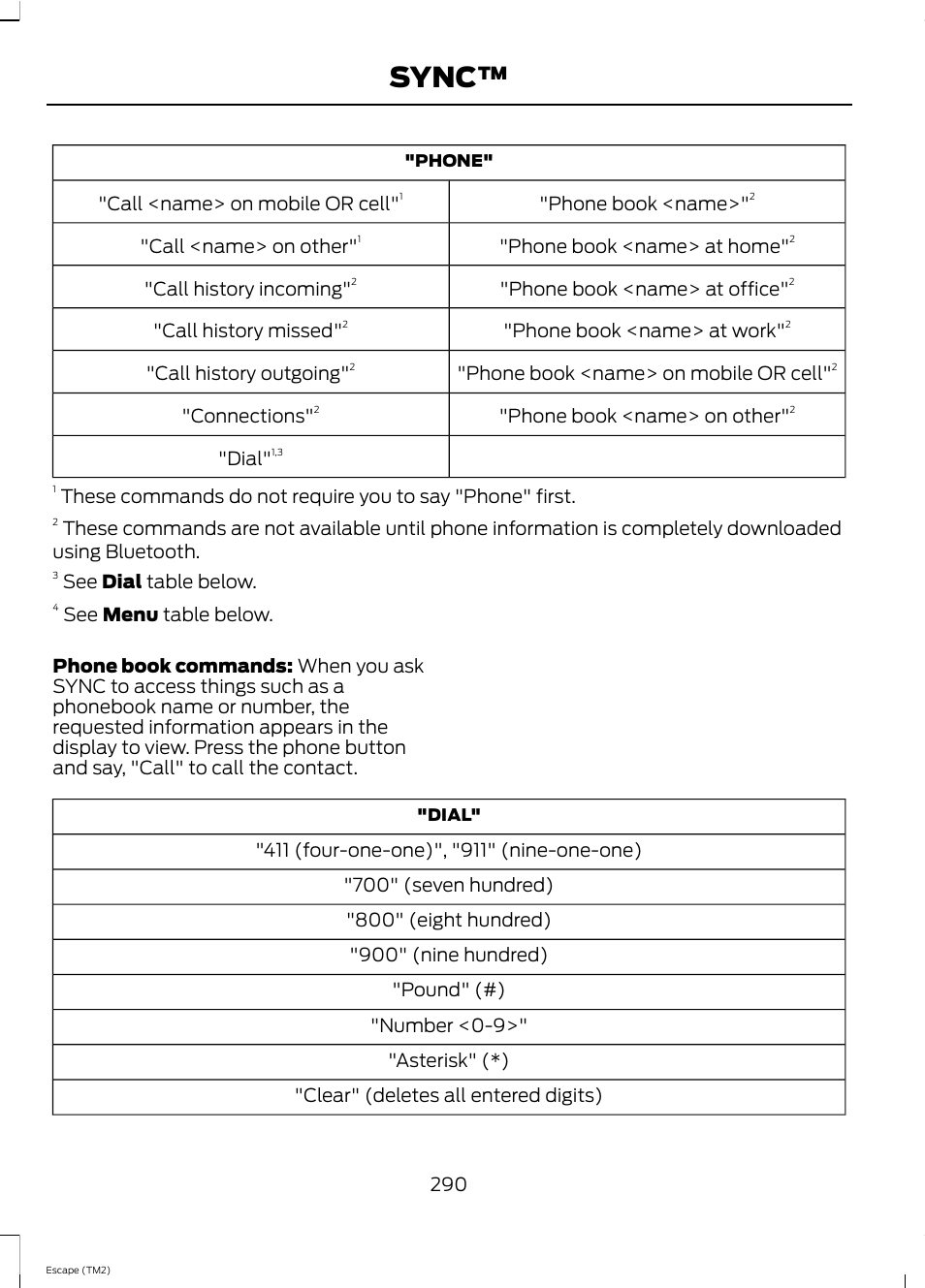 Sync, Phone book <name, Call <name> on mobile or cell | Phone book <name> at home, Call <name> on other, Phone book <name> at office, Call history incoming, Phone book <name> at work, Call history missed, Phone book <name> on mobile or cell | FORD 2013 Escape v.4 User Manual | Page 294 / 433