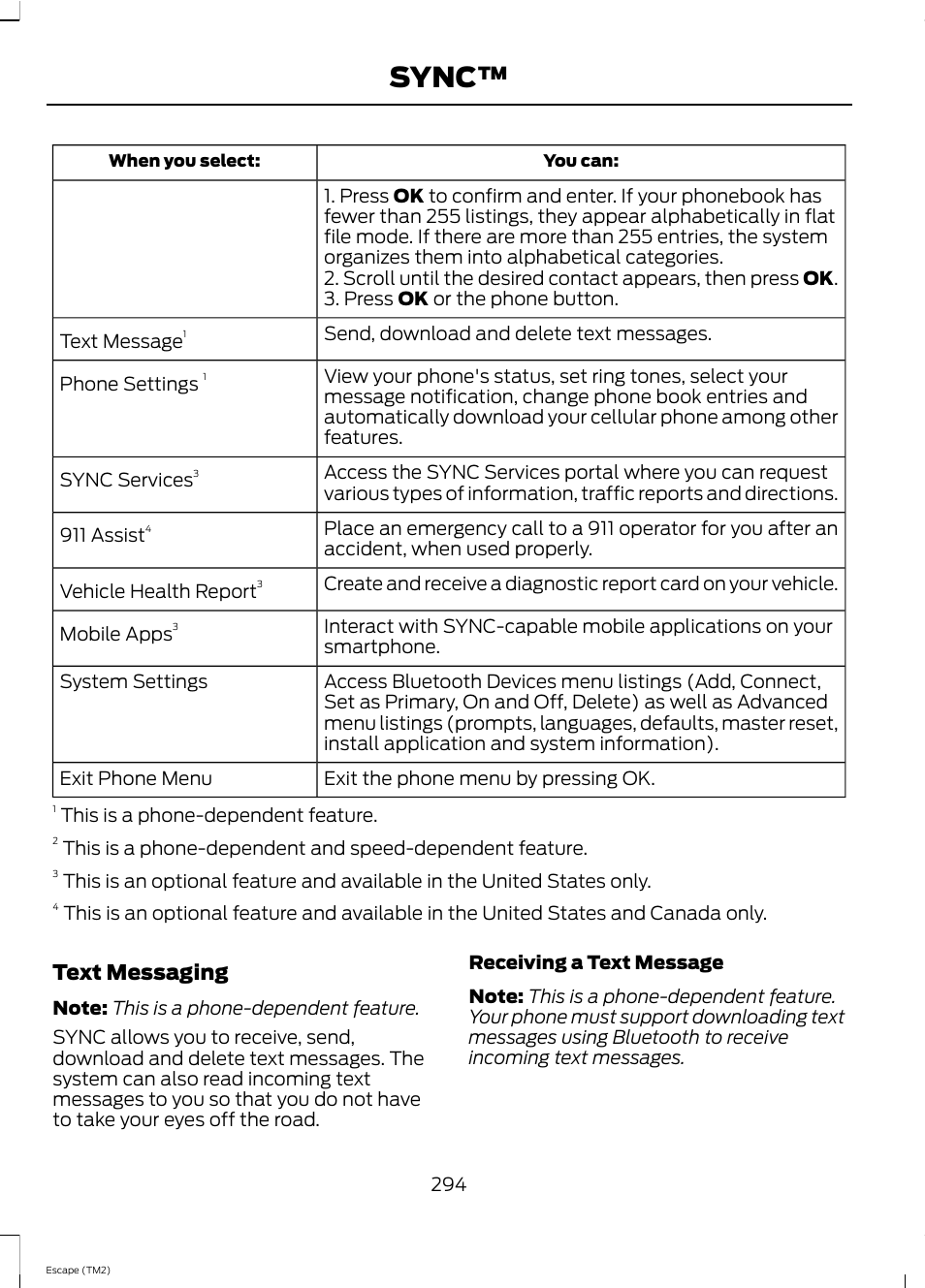 Sync, Text messaging | FORD 2013 Escape v.4 User Manual | Page 298 / 433