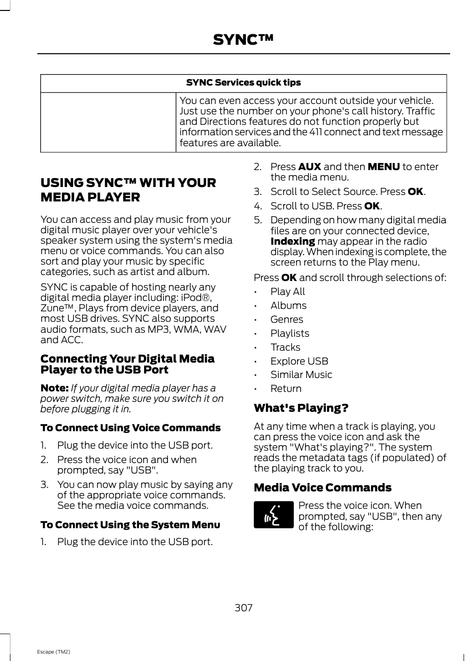 Sync, Using sync™ with your media player | FORD 2013 Escape v.4 User Manual | Page 311 / 433