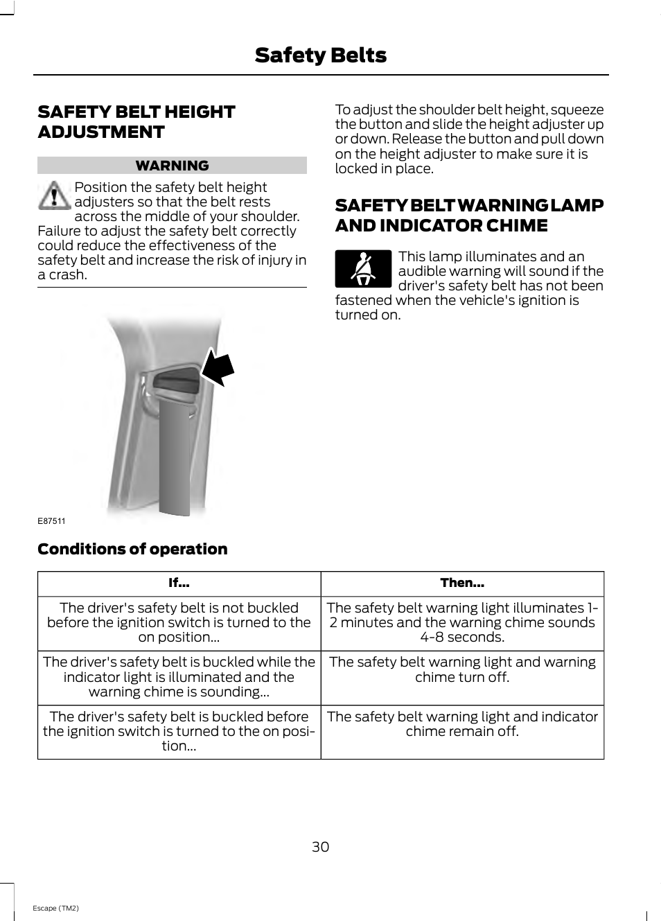 Safety belts, Safety belt height adjustment, Safety belt warning lamp and indicator chime | FORD 2013 Escape v.4 User Manual | Page 34 / 433