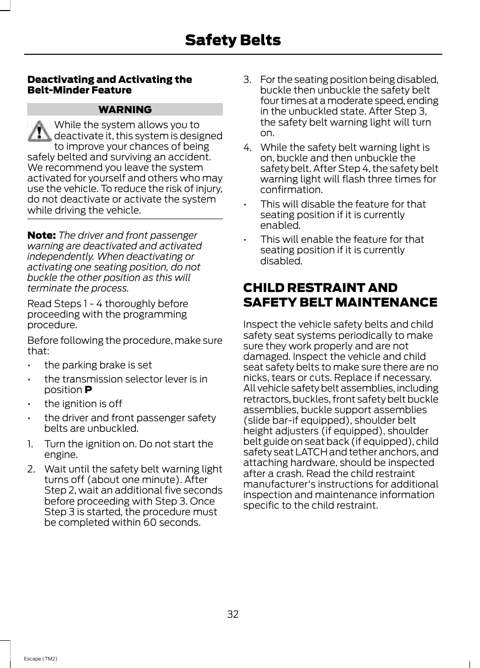 Safety belts, Child restraint and safety belt maintenance | FORD 2013 Escape v.4 User Manual | Page 36 / 433