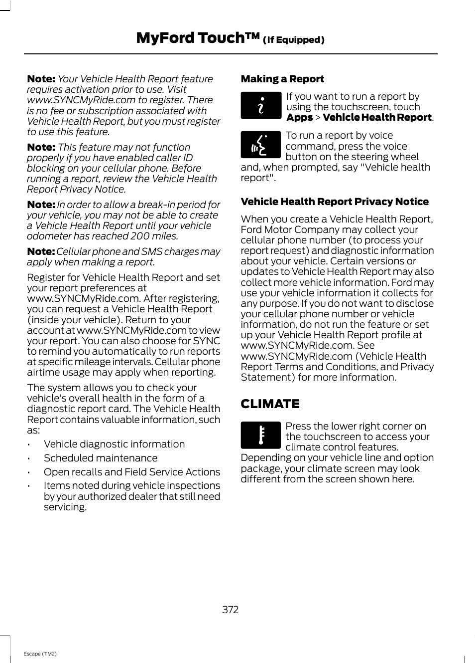 Myford touch, Climate | FORD 2013 Escape v.4 User Manual | Page 376 / 433