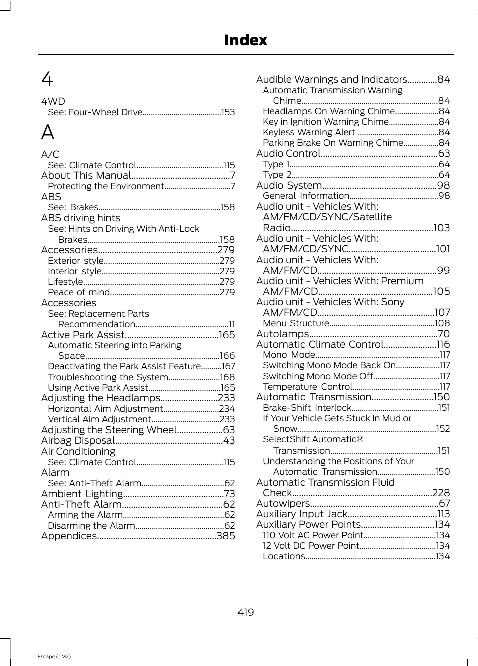 Index | FORD 2013 Escape v.4 User Manual | Page 423 / 433