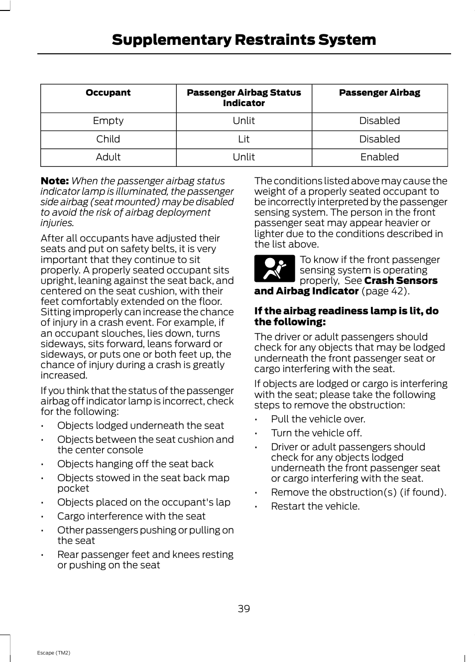 Supplementary restraints system | FORD 2013 Escape v.4 User Manual | Page 43 / 433