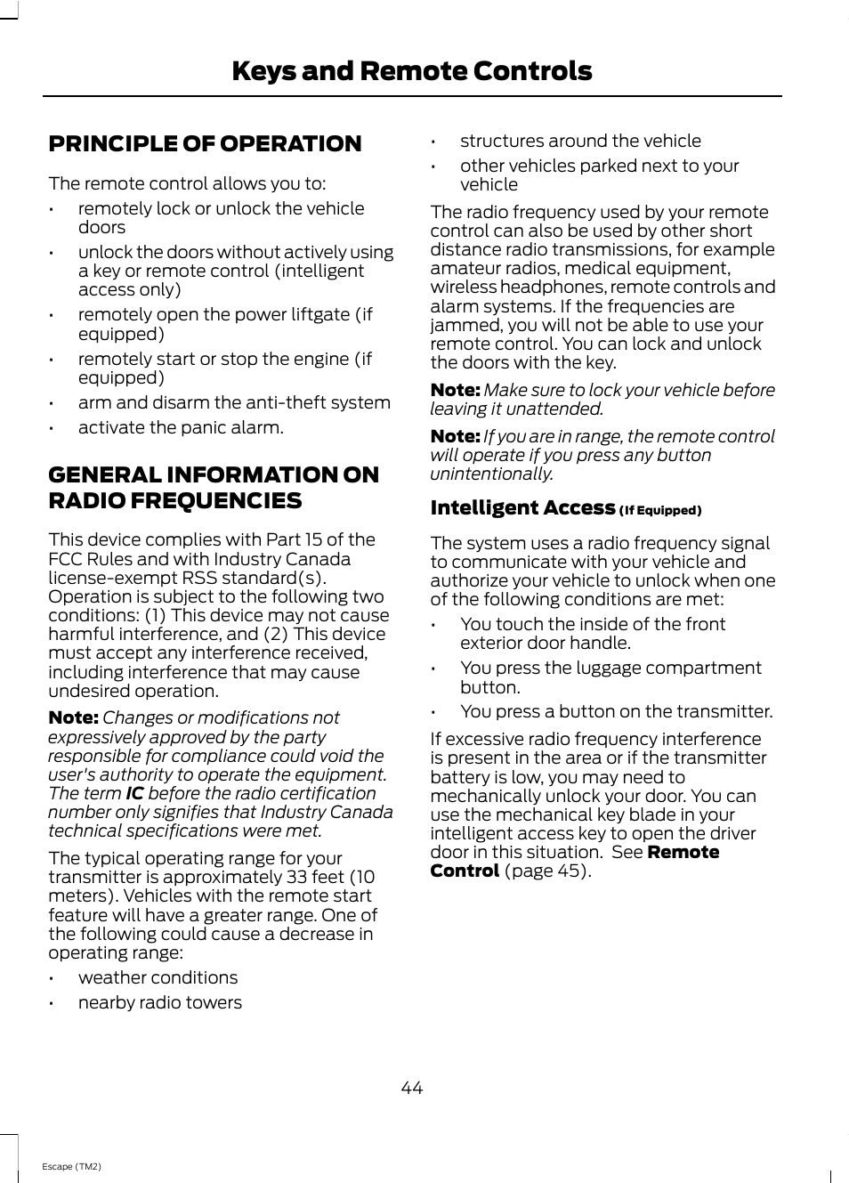 Keys and remote controls, Principle of operation, General information on radio frequencies | FORD 2013 Escape v.4 User Manual | Page 48 / 433