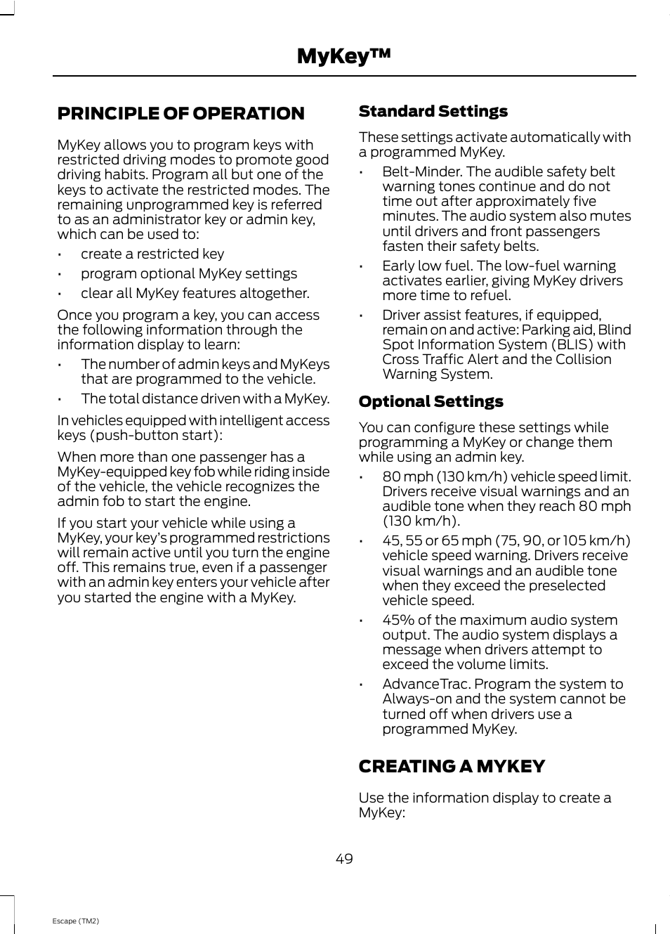 Mykey, Principle of operation, Creating a mykey | FORD 2013 Escape v.4 User Manual | Page 53 / 433