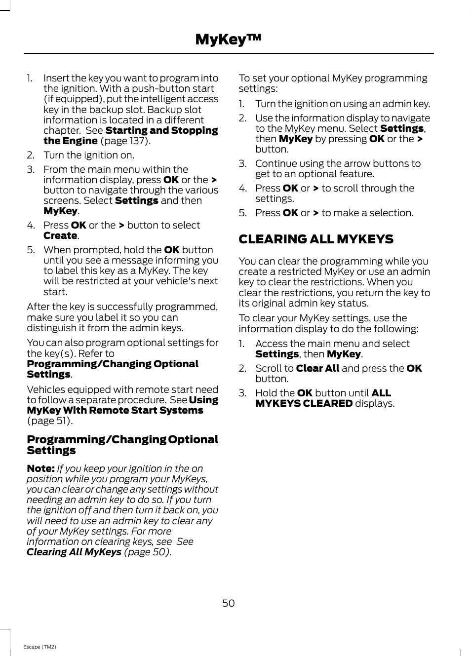 Mykey, Clearing all mykeys | FORD 2013 Escape v.4 User Manual | Page 54 / 433