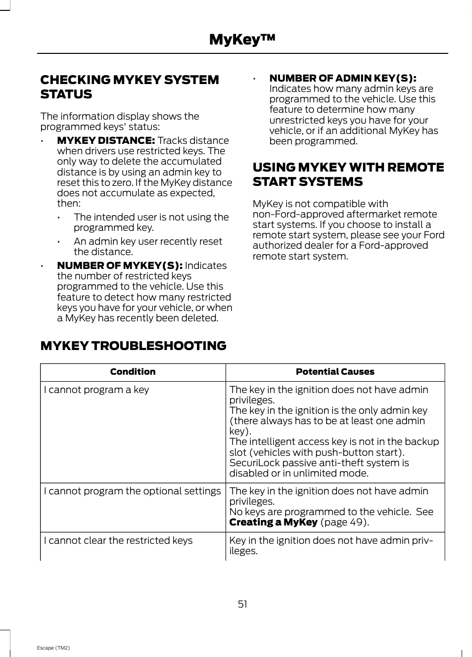 Mykey, Checking mykey system status, Using mykey with remote start systems | Mykey troubleshooting | FORD 2013 Escape v.4 User Manual | Page 55 / 433