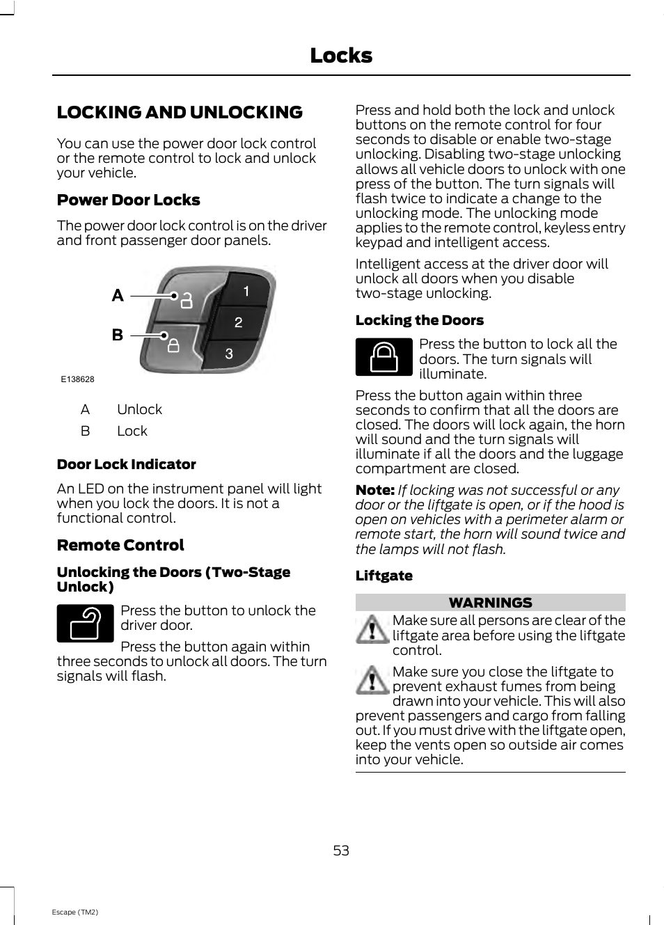 Locks, Locking and unlocking | FORD 2013 Escape v.4 User Manual | Page 57 / 433