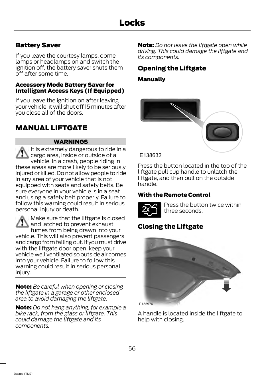 Locks, Manual liftgate | FORD 2013 Escape v.4 User Manual | Page 60 / 433