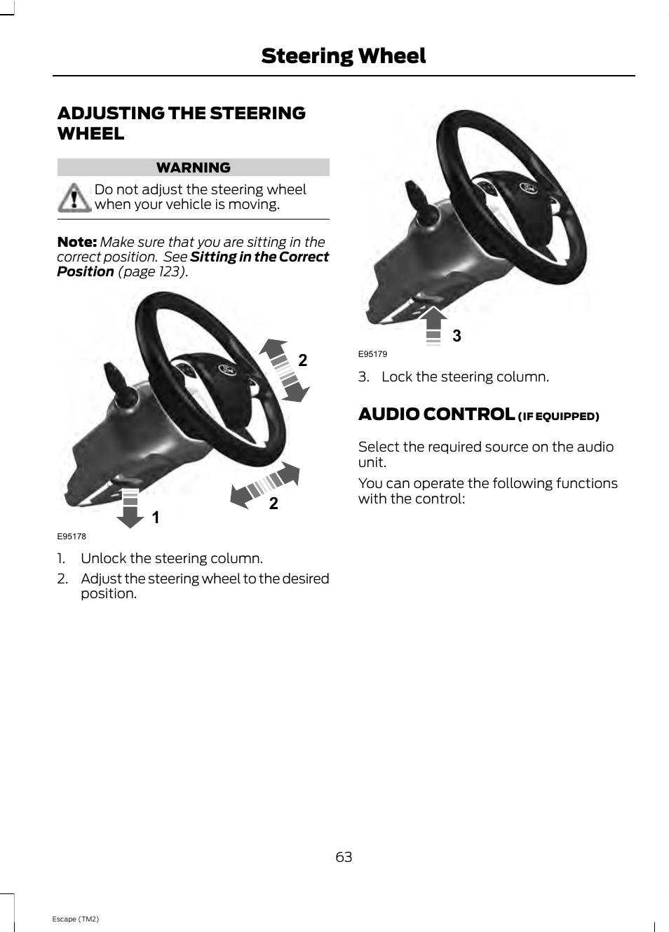 Steering wheel, Adjusting the steering wheel, Audio control | FORD 2013 Escape v.4 User Manual | Page 67 / 433