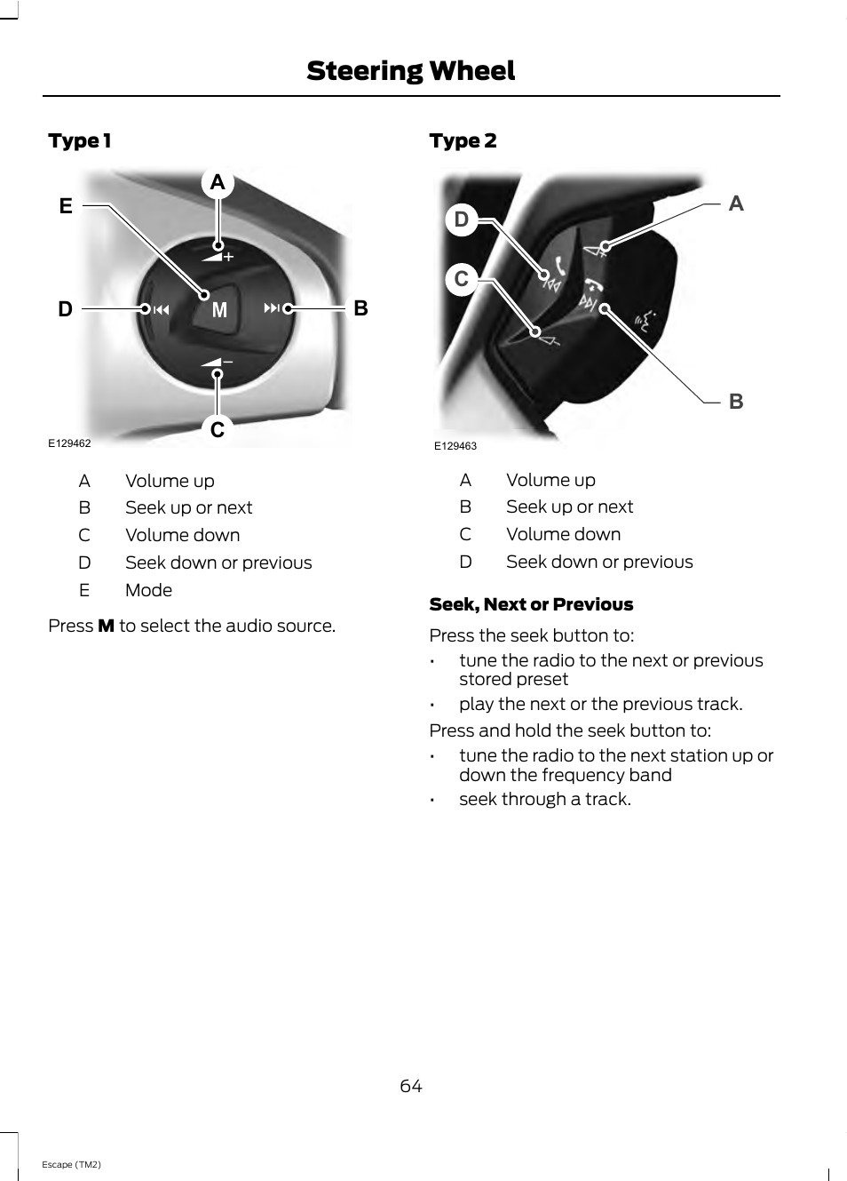 Steering wheel | FORD 2013 Escape v.4 User Manual | Page 68 / 433
