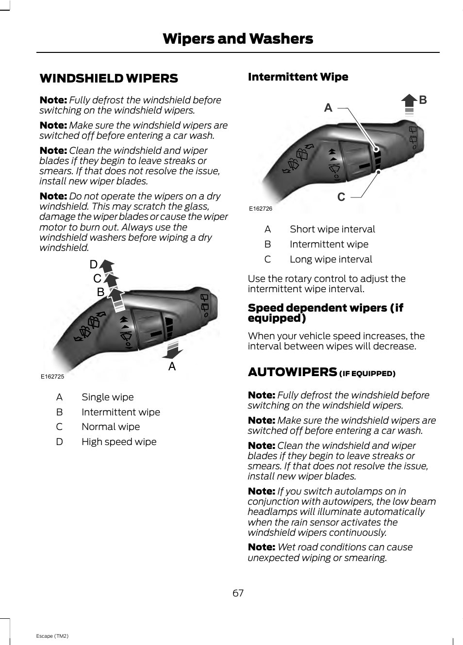 Wipers and washers, Windshield wipers, Dc a b | Autowipers | FORD 2013 Escape v.4 User Manual | Page 71 / 433