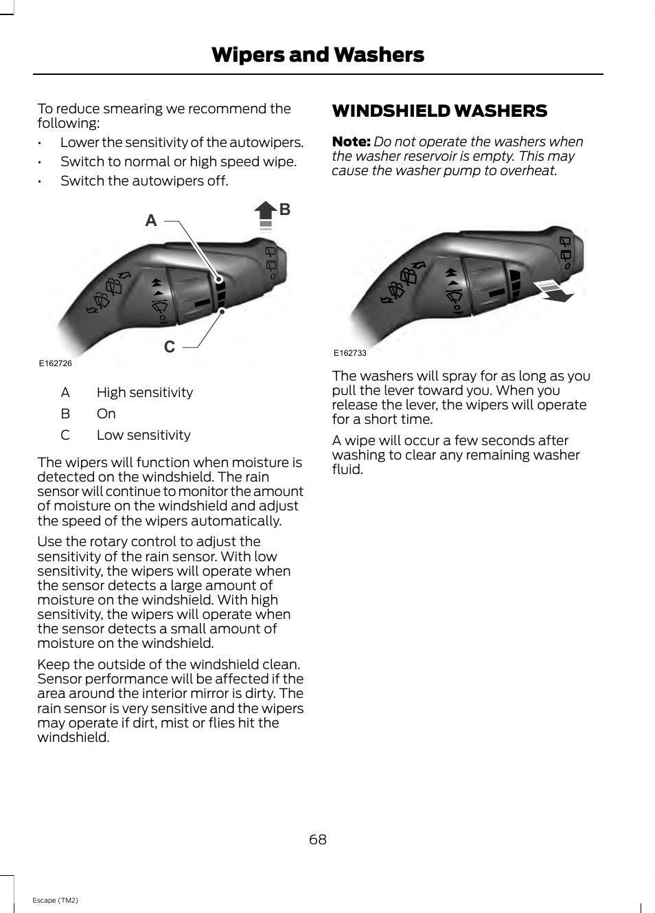 Wipers and washers, Windshield washers | FORD 2013 Escape v.4 User Manual | Page 72 / 433