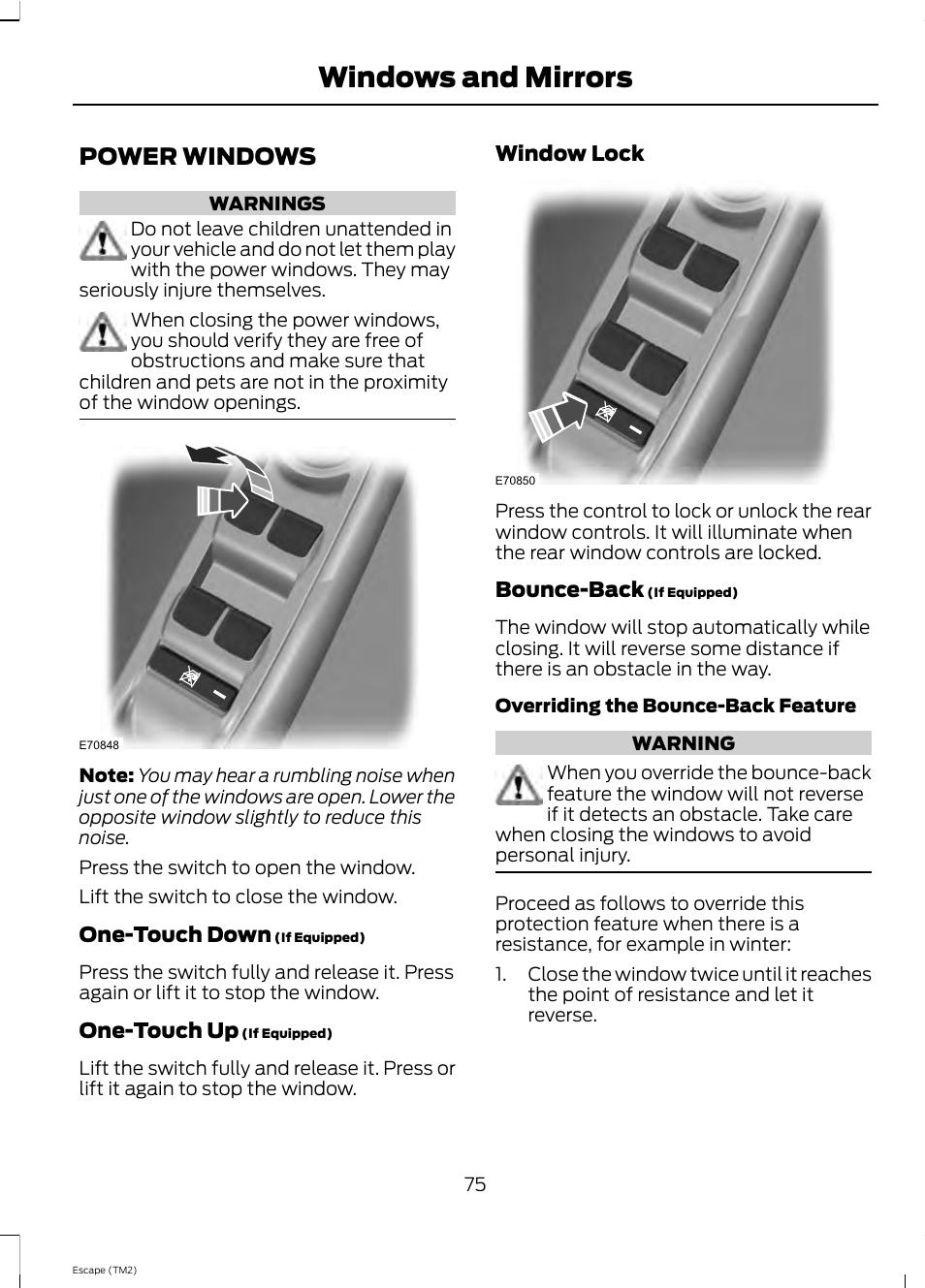 Windows and mirrors, Power windows | FORD 2013 Escape v.4 User Manual | Page 79 / 433