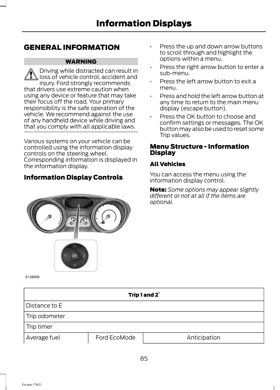 Information displays, General information | FORD 2013 Escape v.4 User Manual | Page 89 / 433