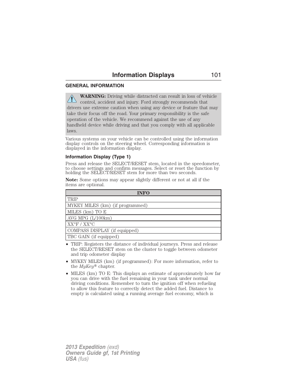 Information displays, General information, Information display (type 1) | Controls, Information displays 101 | FORD 2013 Expedition v.1 User Manual | Page 101 / 497