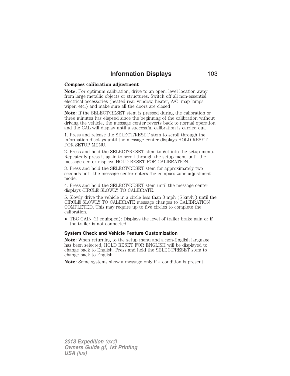 System check and vehicle feature customization, Information displays 103 | FORD 2013 Expedition v.1 User Manual | Page 103 / 497