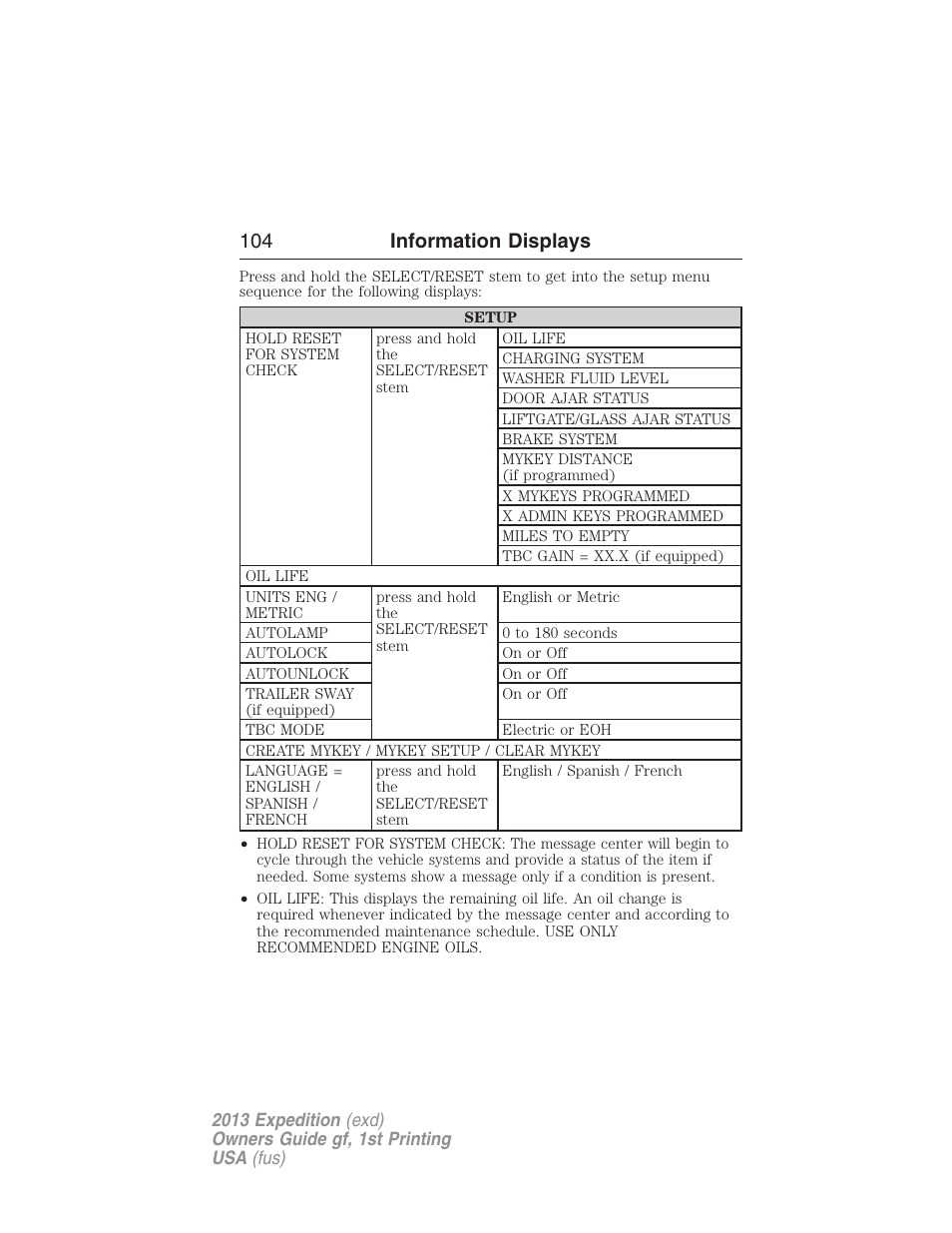 104 information displays | FORD 2013 Expedition v.1 User Manual | Page 104 / 497