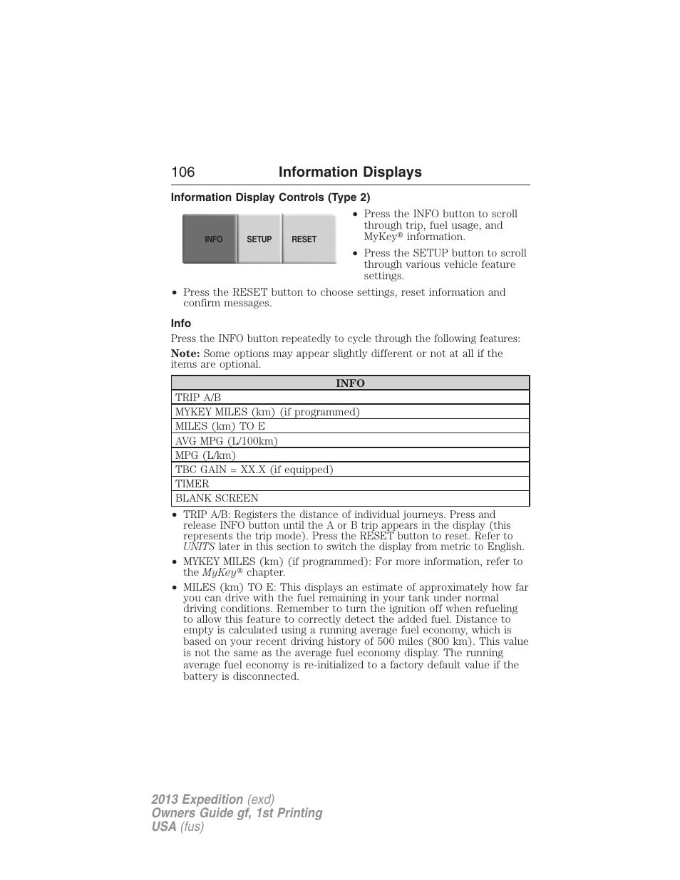 Information display controls (type 2), Info, 106 information displays | FORD 2013 Expedition v.1 User Manual | Page 106 / 497