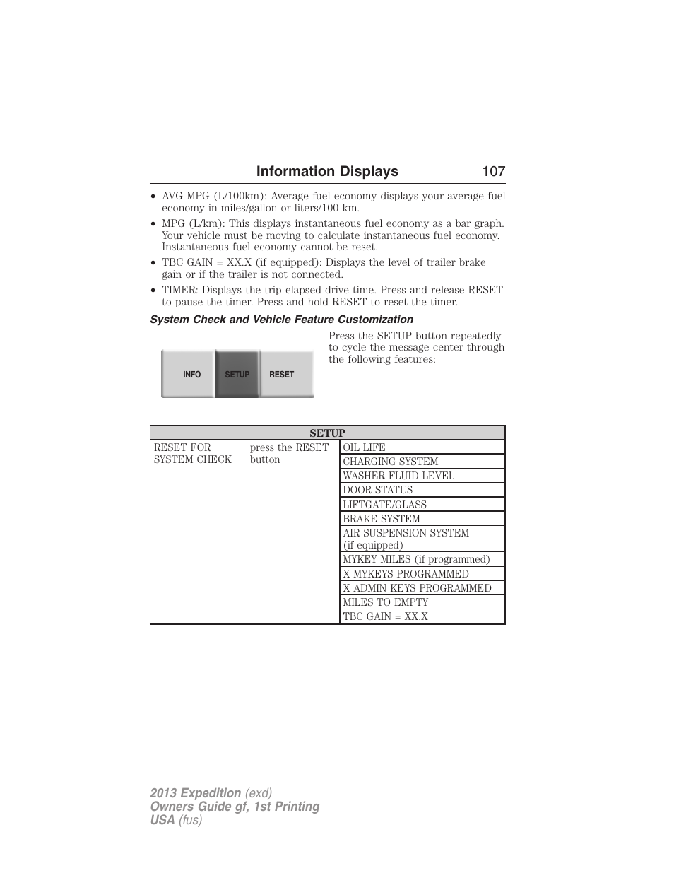 System check and vehicle feature customization, Information displays 107 | FORD 2013 Expedition v.1 User Manual | Page 107 / 497