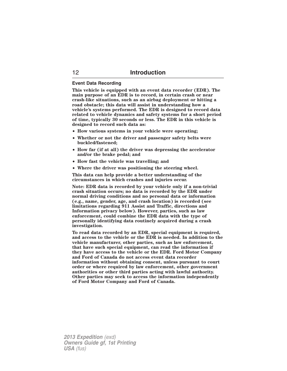 Event data recording, 12 introduction | FORD 2013 Expedition v.1 User Manual | Page 12 / 497