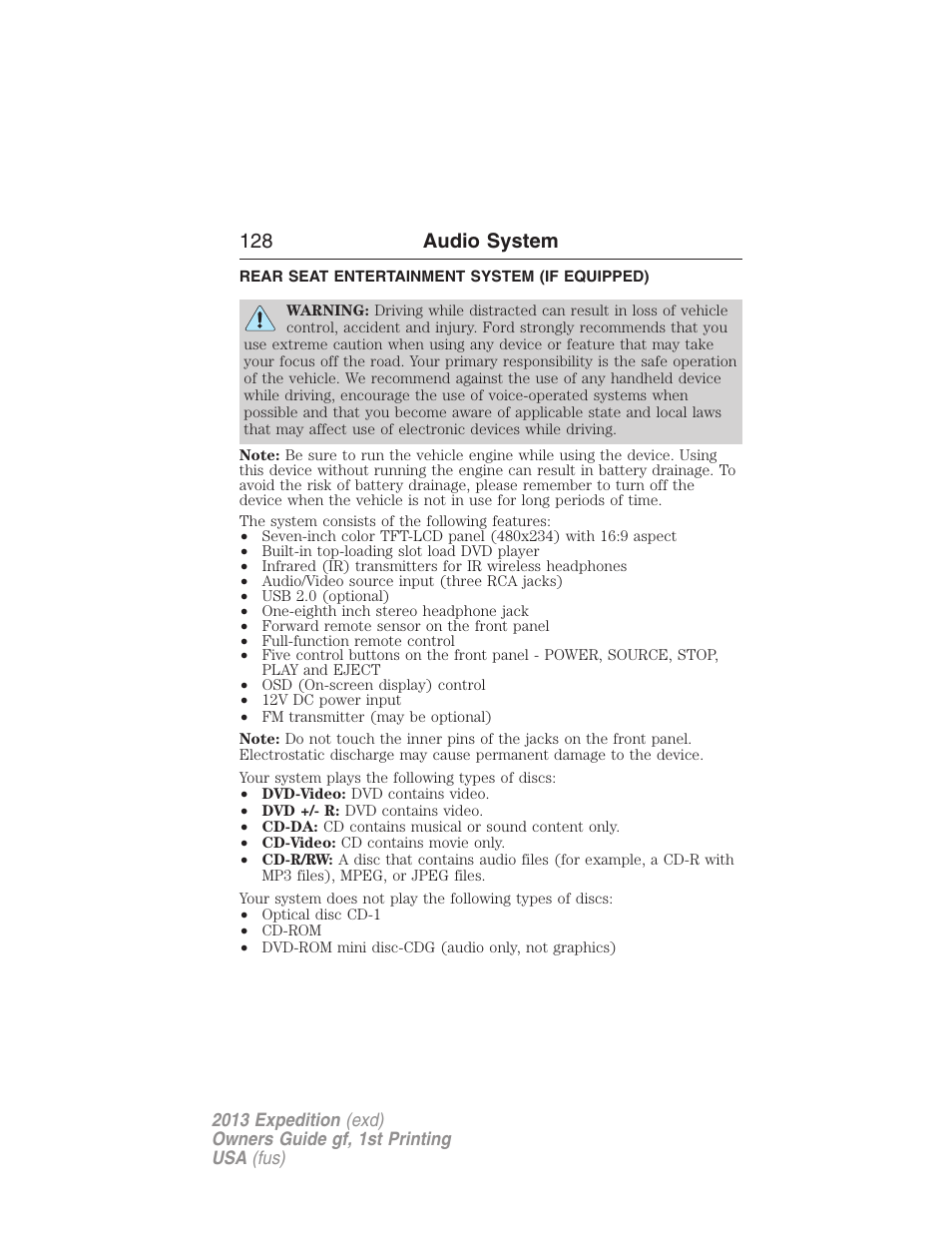 Rear seat entertainment system (if equipped), Rear seat entertainment system, 128 audio system | FORD 2013 Expedition v.1 User Manual | Page 128 / 497