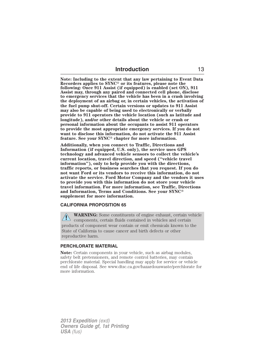 California proposition 65, Perchlorate material, Introduction 13 | FORD 2013 Expedition v.1 User Manual | Page 13 / 497