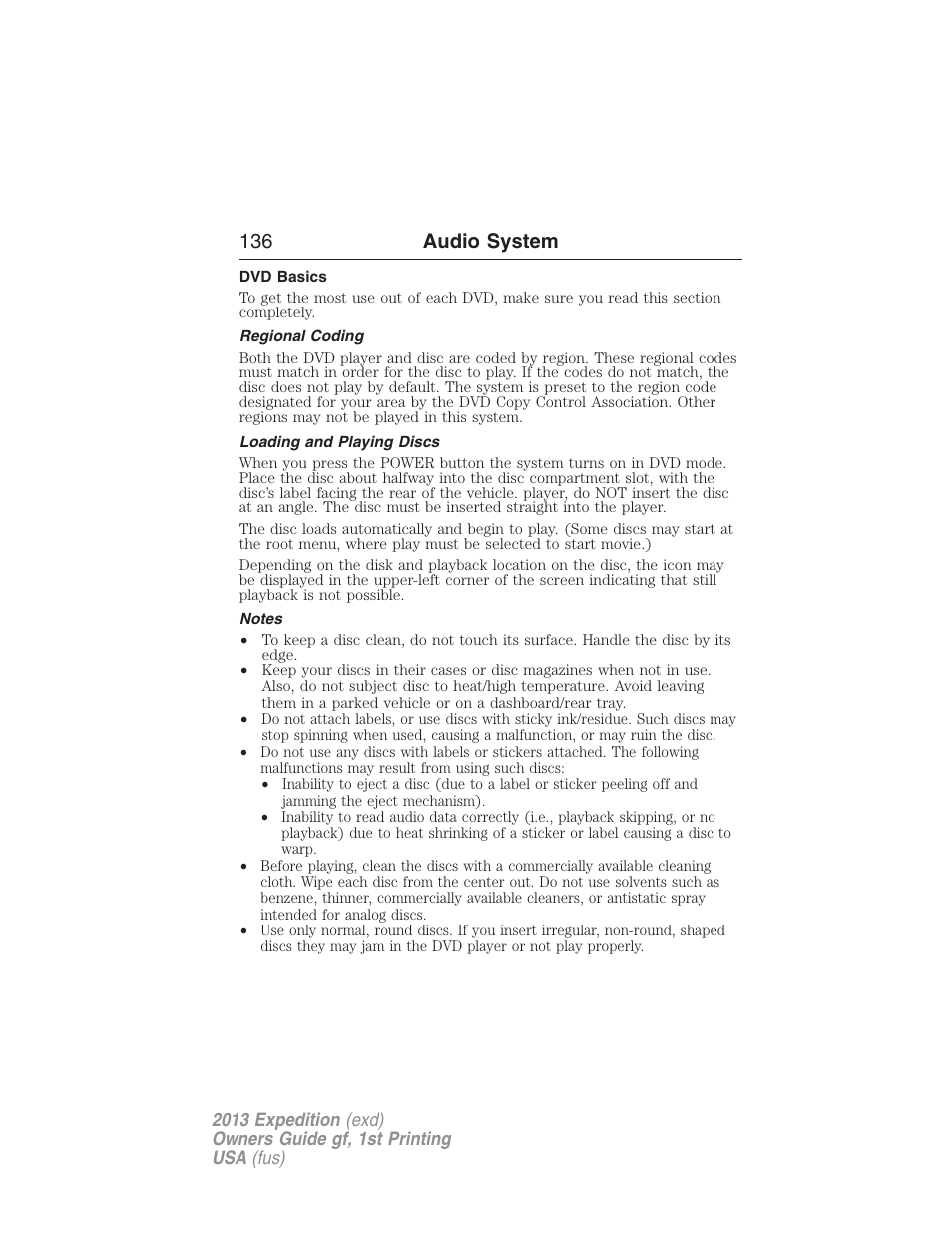 Dvd basics, Regional coding, Loading and playing discs | Notes, 136 audio system | FORD 2013 Expedition v.1 User Manual | Page 136 / 497