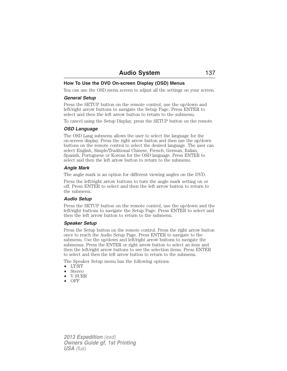 How to use the dvd on-screen display (osd) menus, General setup, Osd language | Angle mark, Audio setup, Speaker setup, Audio system 137 | FORD 2013 Expedition v.1 User Manual | Page 137 / 497