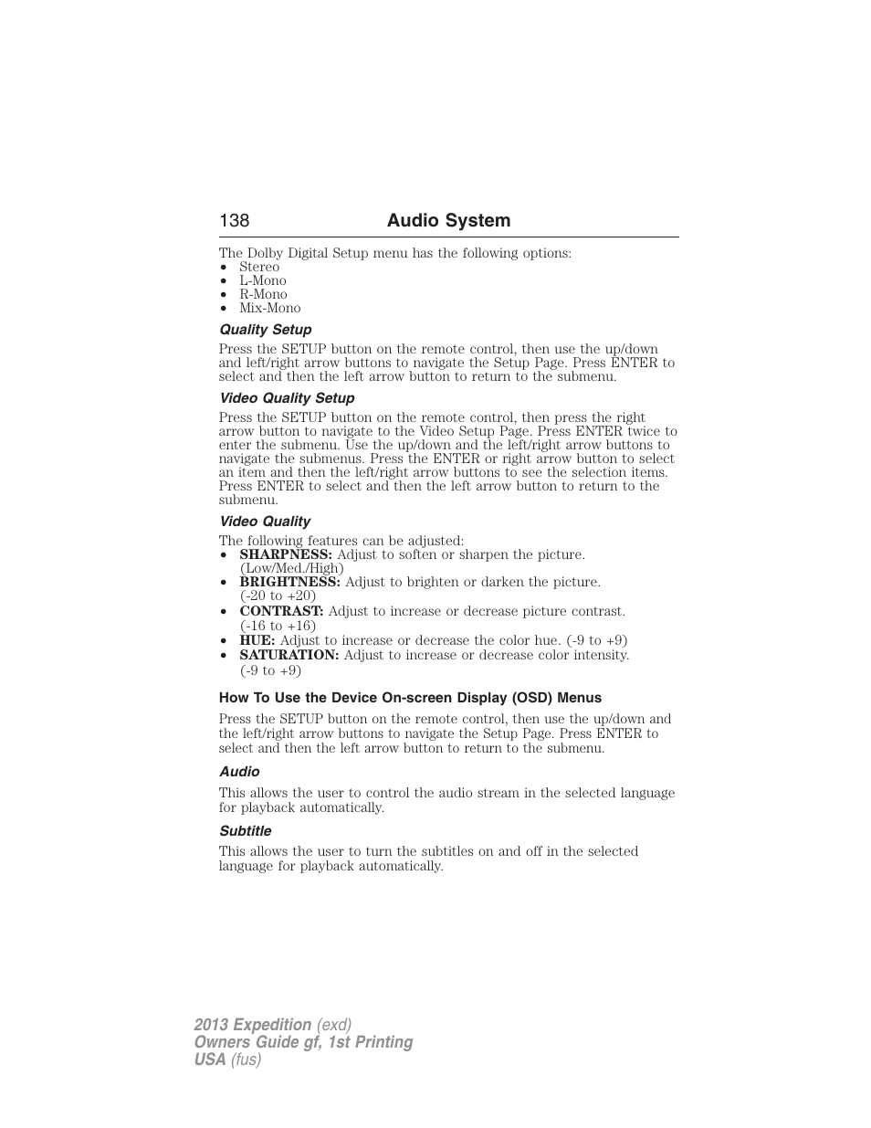 Quality setup, Video quality setup, Video quality | Audio, Subtitle, 138 audio system | FORD 2013 Expedition v.1 User Manual | Page 138 / 497