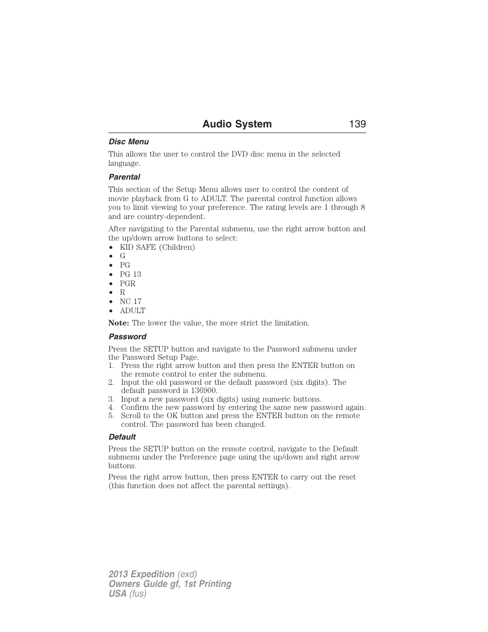 Disc menu, Parental, Password | Default, Audio system 139 | FORD 2013 Expedition v.1 User Manual | Page 139 / 497