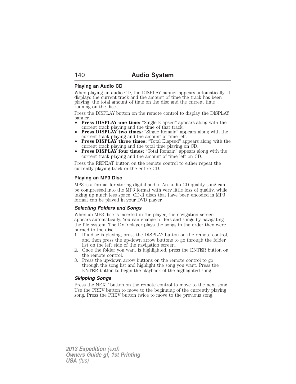 Playing an audio cd, Playing an mp3 disc, Selecting folders and songs | Skipping songs, 140 audio system | FORD 2013 Expedition v.1 User Manual | Page 140 / 497