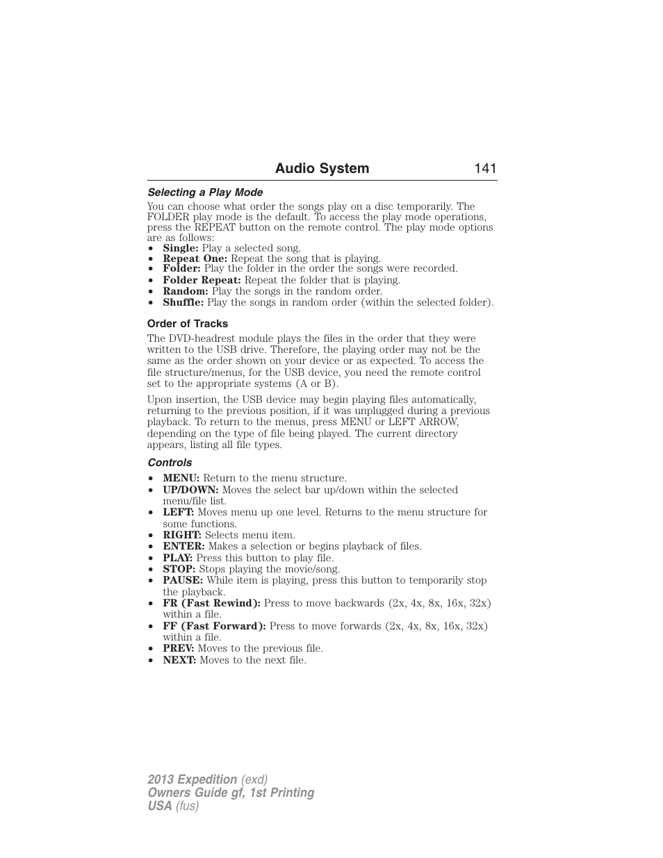 Selecting a play mode, Order of tracks, Controls | Audio system 141 | FORD 2013 Expedition v.1 User Manual | Page 141 / 497