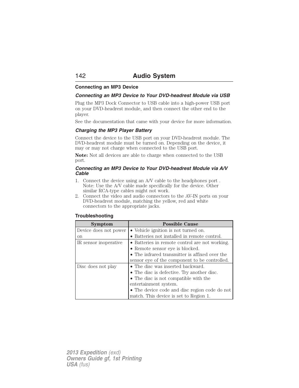 Connecting an mp3 device, Charging the mp3 player battery, Troubleshooting | 142 audio system | FORD 2013 Expedition v.1 User Manual | Page 142 / 497